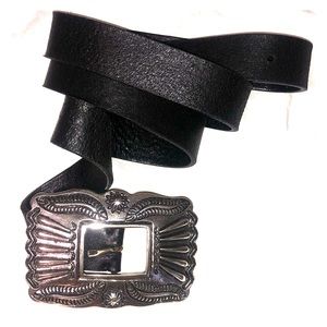 Black western leather belt with silver buckle